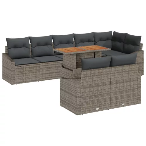  9 Részes Kerti Étkezőszett Párnákkal Szürke Poli Rattan Akác