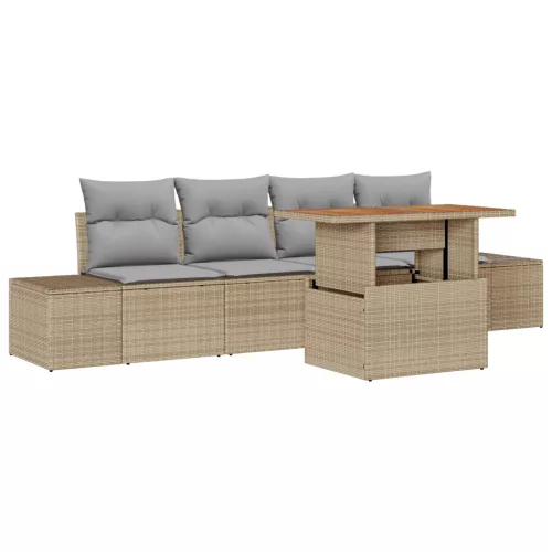  5 darabos kert étkező szett párnákkal bézs poly rattan akác