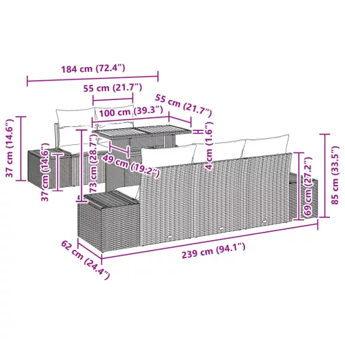  6 Részes Kerti Étkező Szett Párnákkal Szürke Poli Rattan Akácia