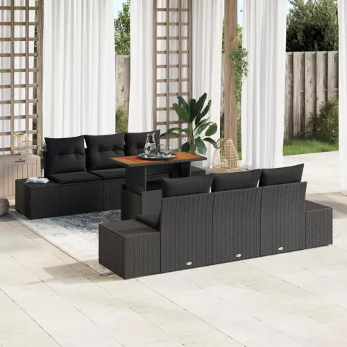  7 Részes Kerti Étkezőszett Párnákkal Fekete Poli Rattan Akác