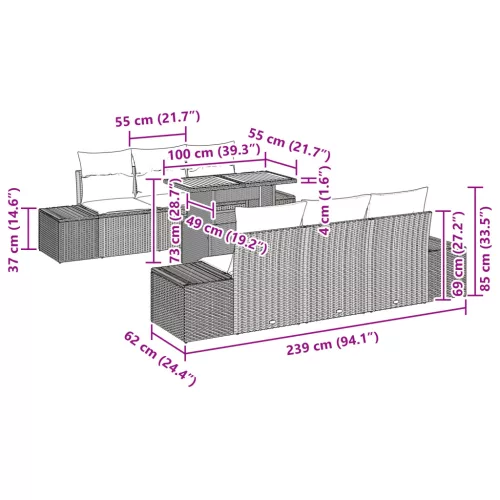  8 darabos kertibútor készlet párnákkal szürke poli rattan akác