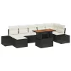  8 részes kerti étkező szett párnákkal, fekete poli rattan, akác