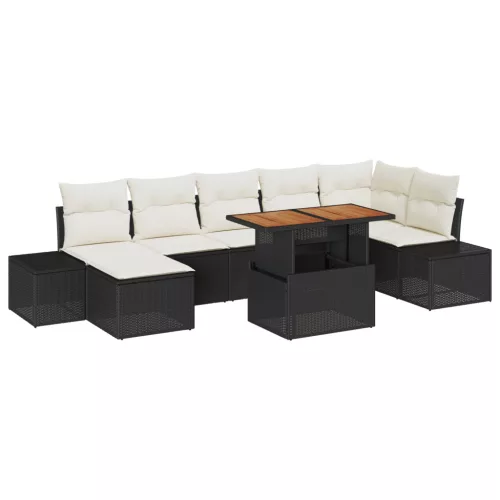  8 részes kerti étkező szett párnákkal, fekete poli rattan, akác