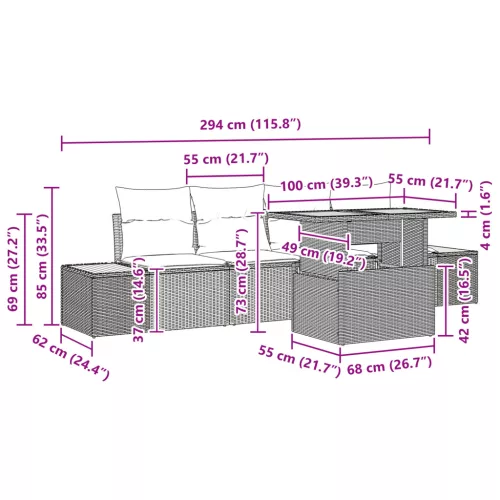  5 részes kert étkező garnitúra párnákkal fekete polirattan akáccal