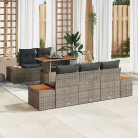    6 részes Kerti Étkező Szett Párnákkal Szürke Polirattan Akác