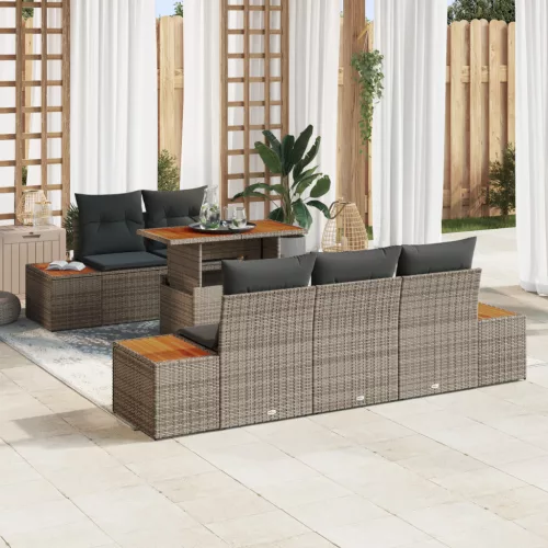  6 részes Kerti Étkező Szett Párnákkal Szürke Polirattan Akác