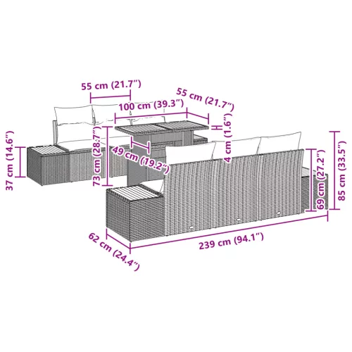  Kerti étkezőszett 7 darabos Bézs Poli rattan, Fa, Poliészter