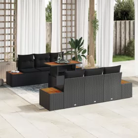    7 Darabos Kerti Étkező Szett Párnákkal Fekete Poli Rattan Akác