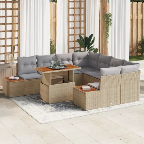  9 darabos kültéri étkezőgarnitúra párnákkal bézs poli rattan akác