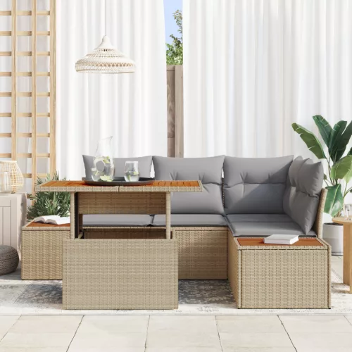  5 Darabos Kerti Étkezőasztal Szett Párnákkal Bézs Poly Rattan Akácia