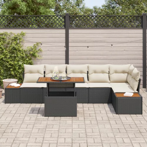  7 Részes Kerti Étkezősor Párnákkal Fekete Poly Rattan Akác