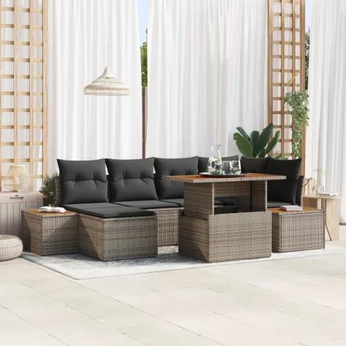  7 darabos kertbütor készlet párnákkal, szürke poly rattan, akácia