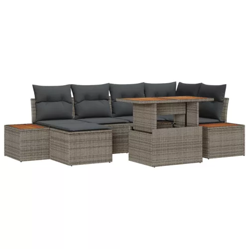  7 darabos kertbütor készlet párnákkal, szürke poly rattan, akácia