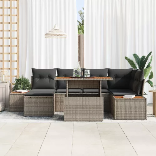  7 darabos kertbütor készlet párnákkal, szürke poly rattan, akácia