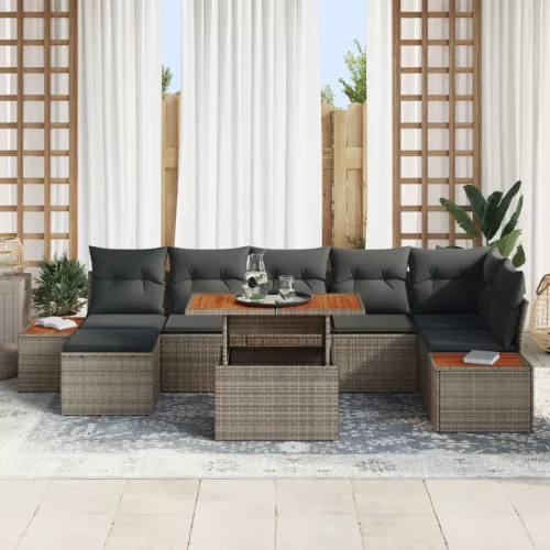  8 részes kertibútor készlet párnákkal, szürke polyrattan acacia