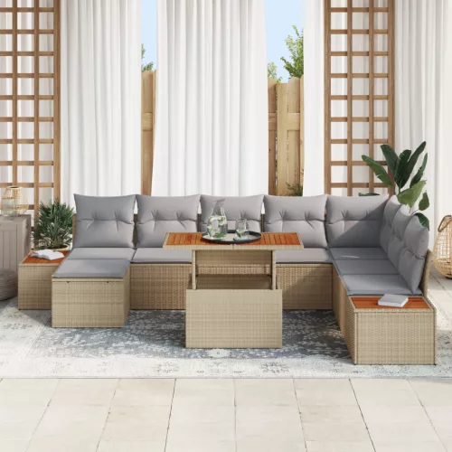  9 Részes Kerti Étkezőszett Párnákkal Bézs Poly Rattan Akác