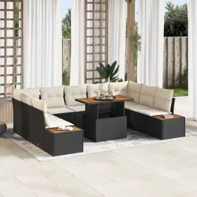    10 darabos kert étkező szett párnákkal fekete poly rattan akáciából
