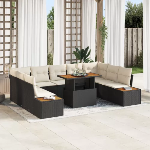  10 darabos kert étkező szett párnákkal fekete poly rattan akáciából