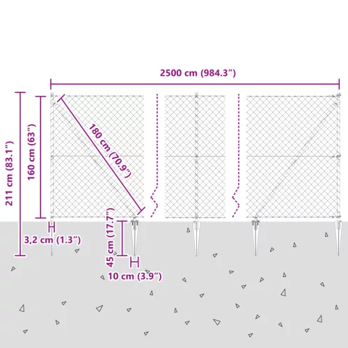  Lánchálós kerítés 13 cölöp rögzítővel 1.6x25 m galvanizált acél