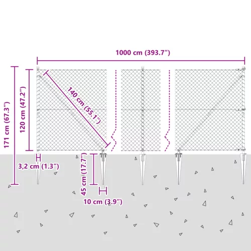  Lánc Kerítés 7 Tüske Oszlop 1.2 x 10 m Galvanizált Acél