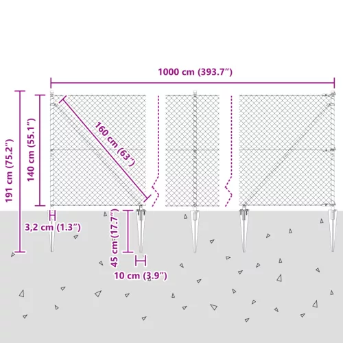  Láncos Kerítés 7 cölöppel 1.4x10 m Horganyzott Acél