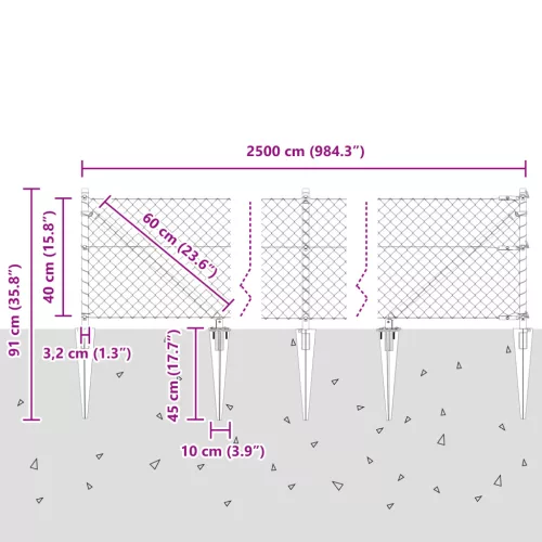  Lánckerítés 13 Kúpgyökér Poszttal 0,4x25 m Horganyzott Acél
