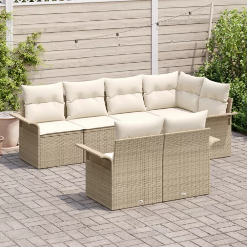  7 Részes Kert Sofa Szett Párnákkal Bézs Poli Rattan