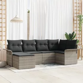    6 Darabos Kerti Kanapé Szett Párnákkal Világosszürke Poli Rattan