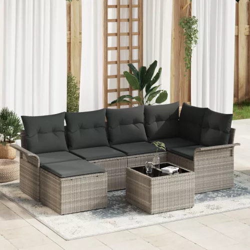  7 Részes Kert Kanapé Szett Párnákkal Szürke Poly Rattan