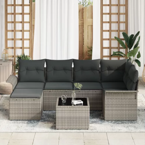  7 Részes Kert Kanapé Szett Párnákkal Szürke Poly Rattan