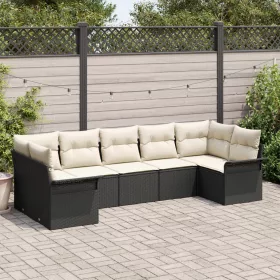 7 Részes Kert Sofaszett Párnákkal Fekete Poli Rattan