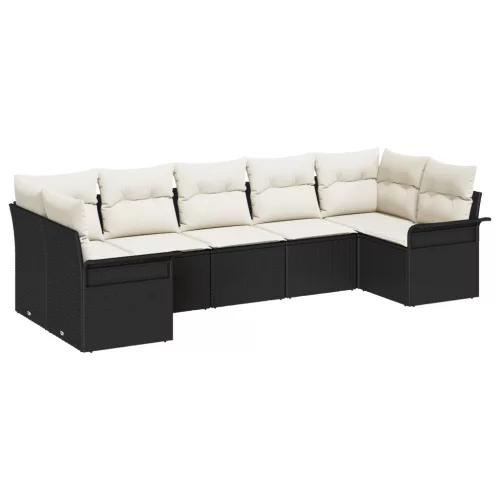  7 Részes Kert Sofaszett Párnákkal Fekete Poli Rattan