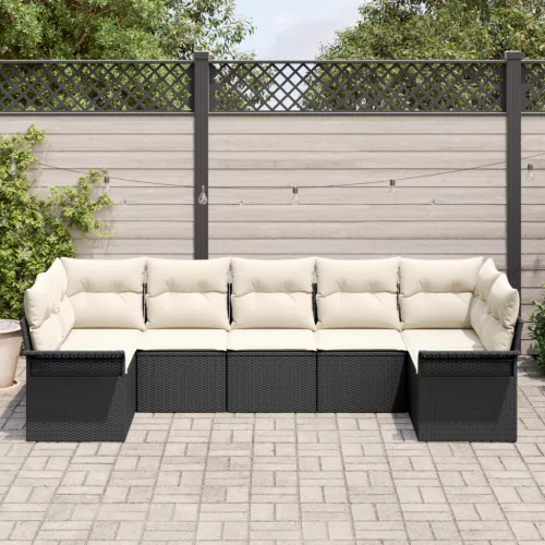  7 Részes Kert Sofaszett Párnákkal Fekete Poli Rattan