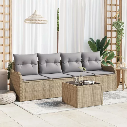  5 Darabos Kert Kanapé Szett Párnákkal Bézs Poli Rattan