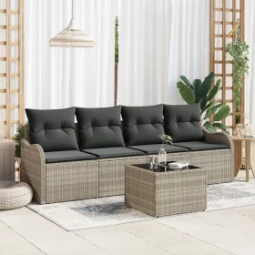    5 Darabos Kerti Kanapé Szett Párnákkal Világosszürke Poli Rattan