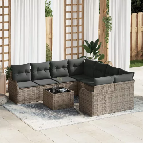  9 darabos kertifotel készlet párnákkal szürke poli rattan