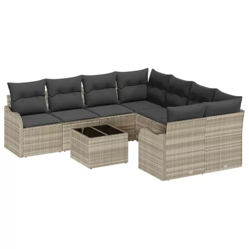  9 Darabos Kert Sofa Szett Párnákkal Világosszürke Poli Rattan