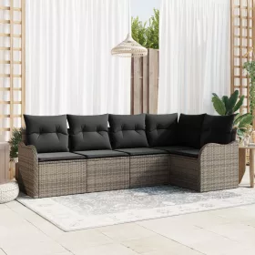    5 Darabos Kert Kanapé Szett Párnákkal Szürke Poli Rattan