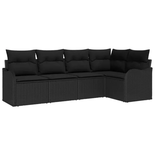  5 darabos kerti kanapé szett, párnákkal, fekete poly rattan