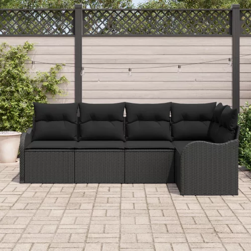  5 darabos kerti kanapé szett, párnákkal, fekete poly rattan
