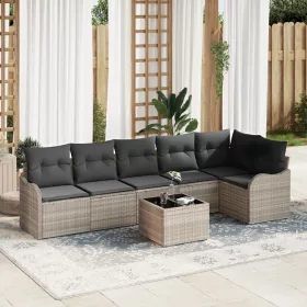    7 részes kerti kanapé szett párnákkal szürke Poly Rattan
