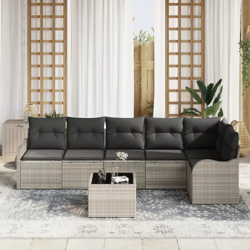  7 részes kerti kanapé szett párnákkal szürke Poly Rattan