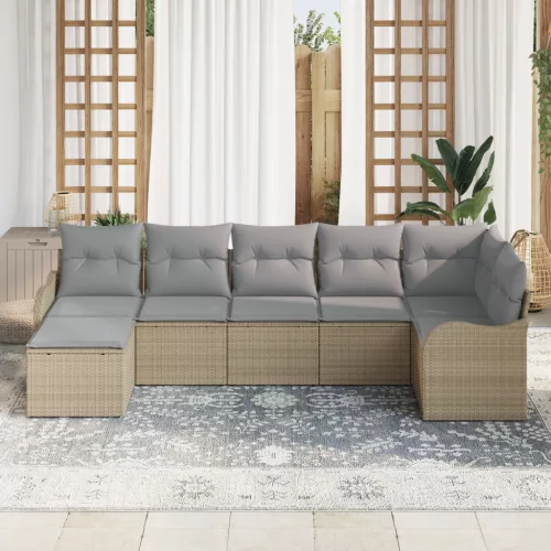  7 darabos kerti kanapé szett párnákkal Bézs Poli rattan