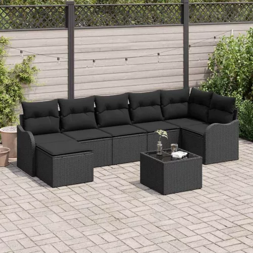  Kerti Kanapé Szett párnával 8 pcs Fekete Poli rattan