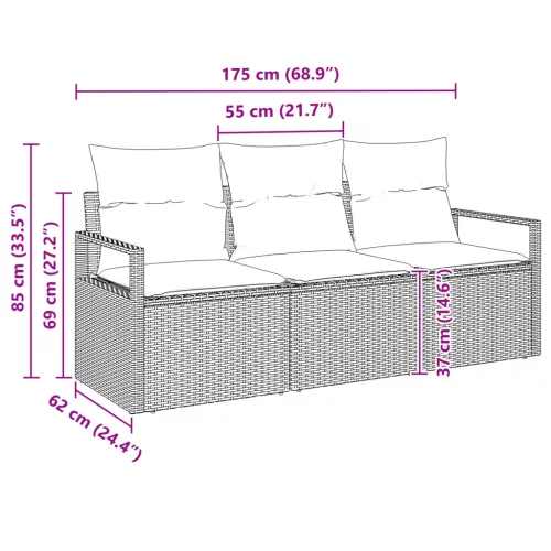  3 részes kerti kanapé szett párnákkal fekete poli rattan