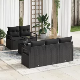    6 Darabos Kerti Kanapé Szett Párnákkal Fekete Poli Rattan