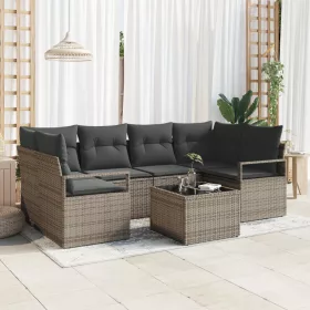    7 darabos kerti kanapé szett párnákkal, szürke poli rattan