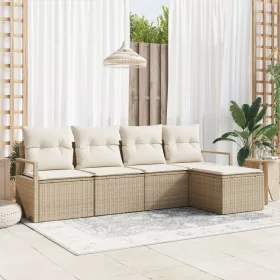 5 Részes Bézs Poly Rattan Kerti Kanapé Szett Párnákkal