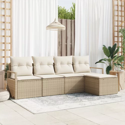  5 Részes Bézs Poly Rattan Kerti Kanapé Szett Párnákkal
