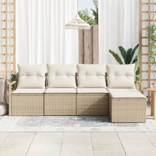 5 Részes Bézs Poly Rattan Kerti Kanapé Szett Párnákkal